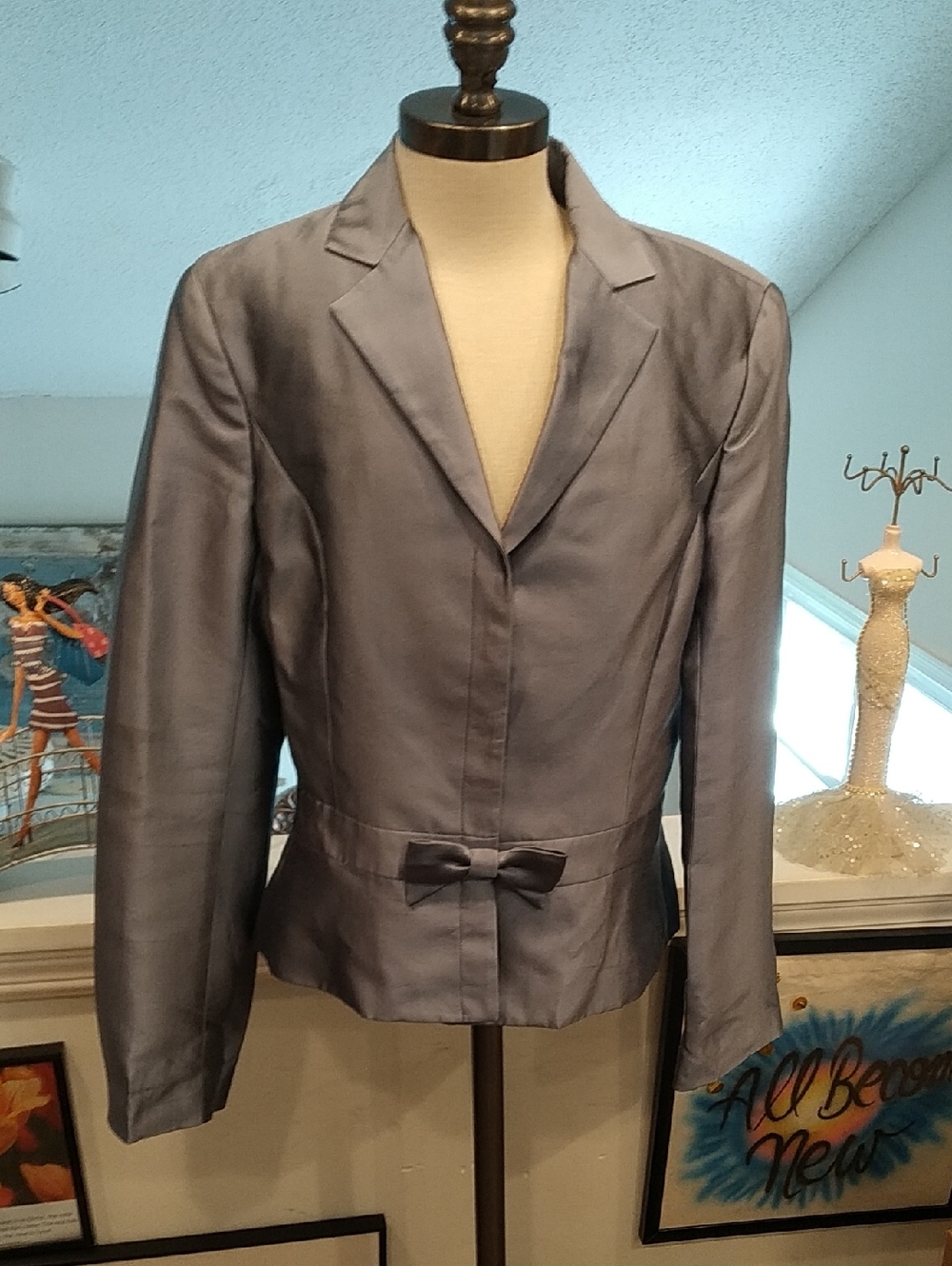 Women's Silk Blend Blue Gray Tailored Jacket with Decorative Bow